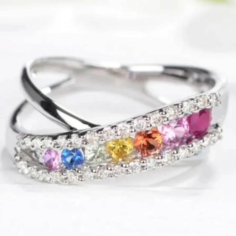 Elegant Multicolor Gemstone Silvery Ring Sz 7